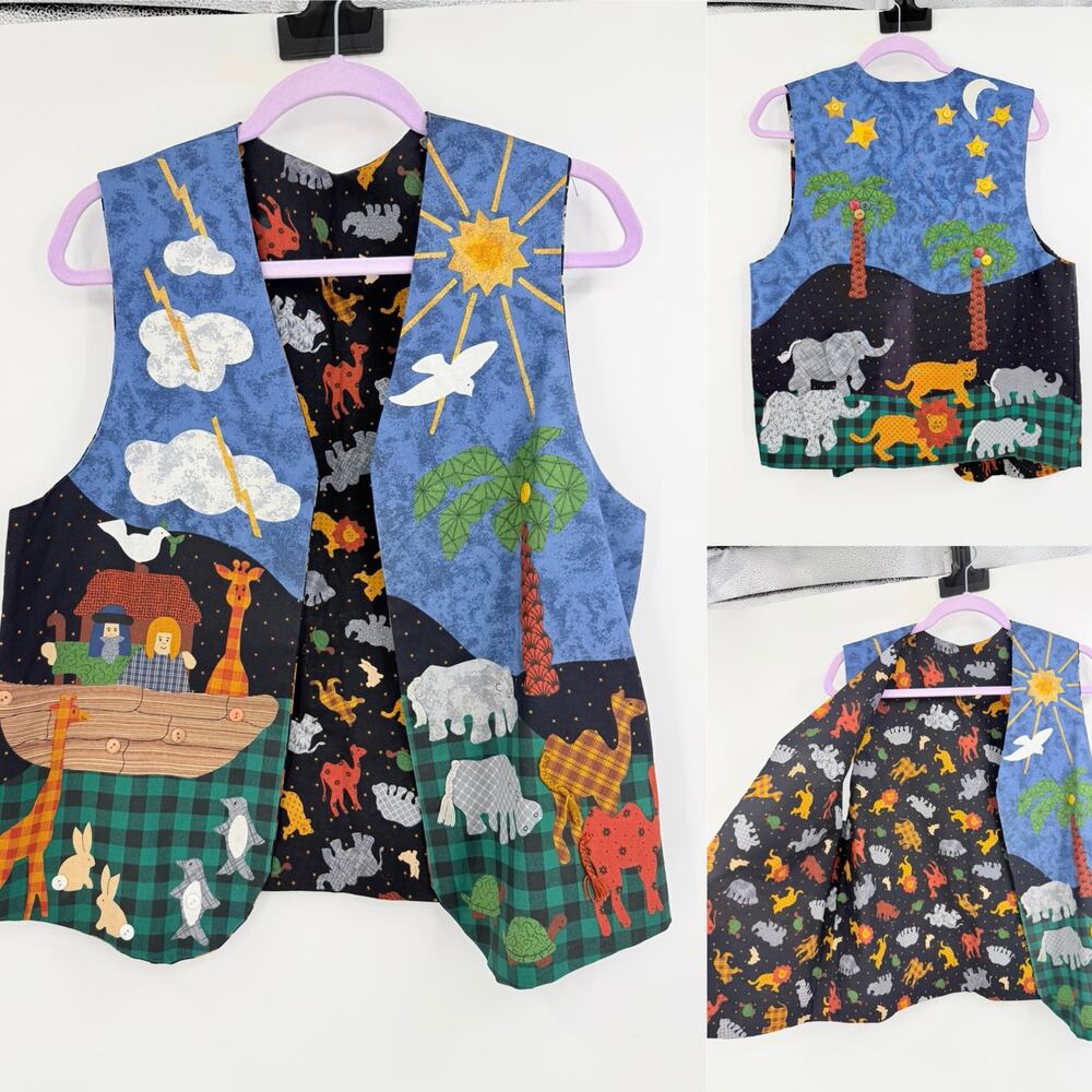 Handmade Teachers Vest Allover Animals Patchwork Size M Colorful Novelty - Picture 2 of 10